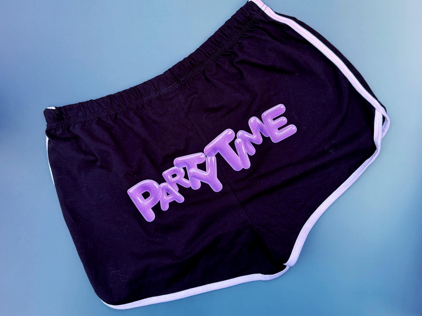 Party Time Retro Shorts – Phish Inspired Black Track Shorts with Purple Balloon Lettering