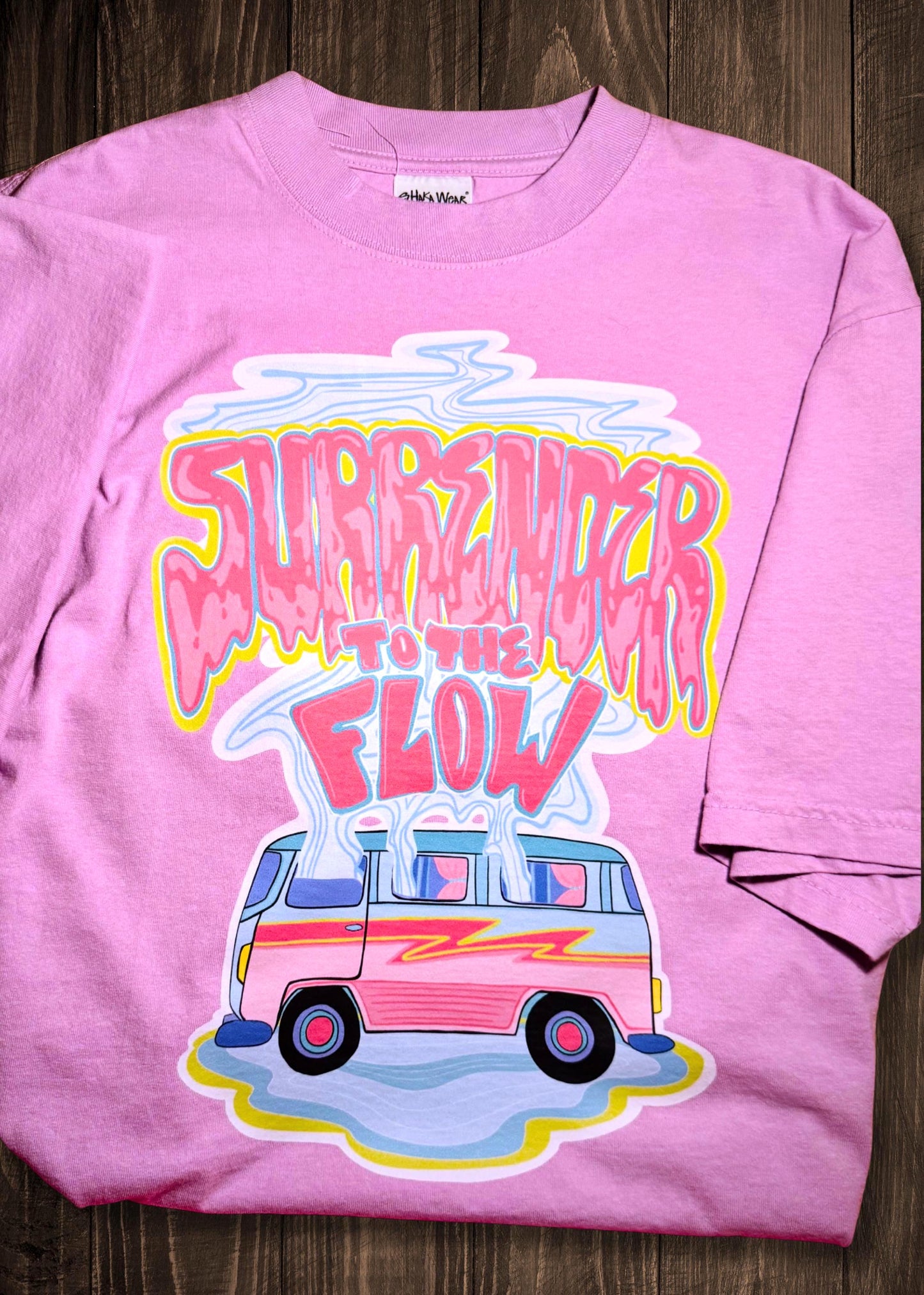Surrender to the Flow Oversized Tee – Pastel Purple Shirt with Hand-Drawn Bus Graphic