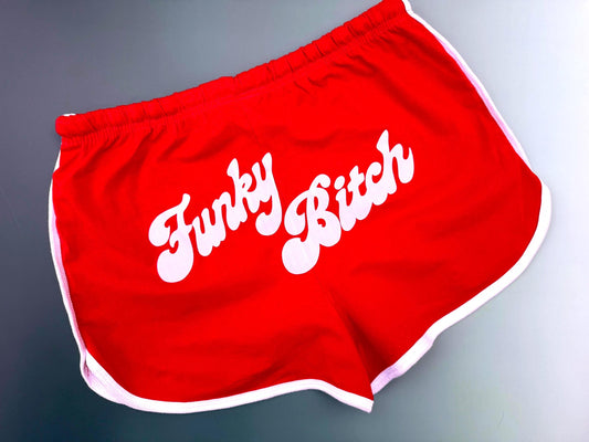 Funky Bitch Retro Shorts – Red Booty Shorts with Hand-Drawn Lettering