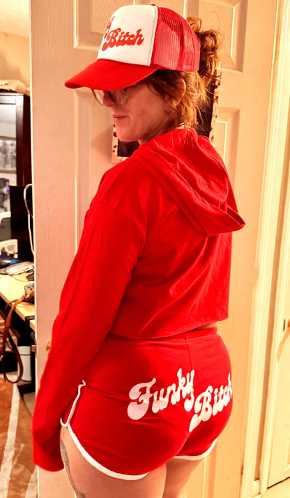 Funky Bitch Crop Hoodie & Shorts Set – Retro Red Two-Piece Festival Fit with Bold Graphic