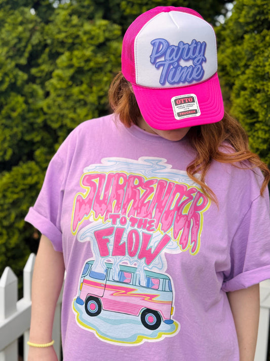 Surrender to the Flow Oversized Tee – Pastel Purple Shirt with Hand-Drawn Bus Graphic