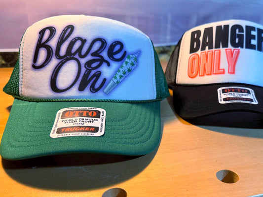 Blaze On Trucker Hat – Green and White Foam Cap with Joint Graphic