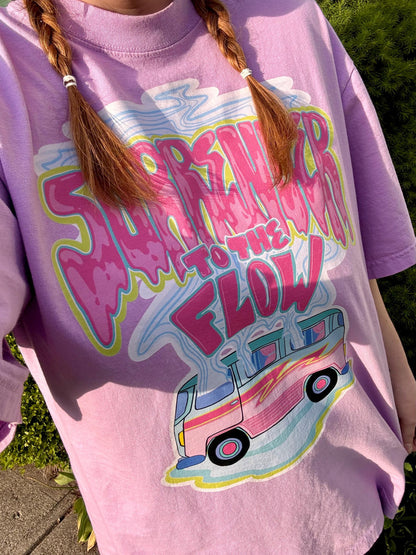 Surrender to the Flow Oversized Tee – Pastel Purple Shirt with Hand-Drawn Bus Graphic