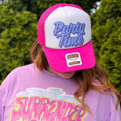 Party Time Trucker Hat – Hot Pink Foam Snapback with Purple Lettering
