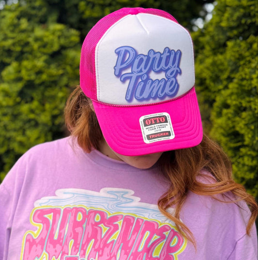 Party Time Trucker Hat – Hot Pink Foam Snapback with Purple Lettering
