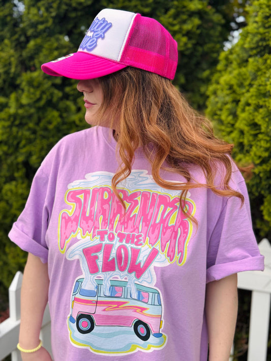 Surrender to the Flow Oversized Tee – Pastel Purple Shirt with Hand-Drawn Bus Graphic