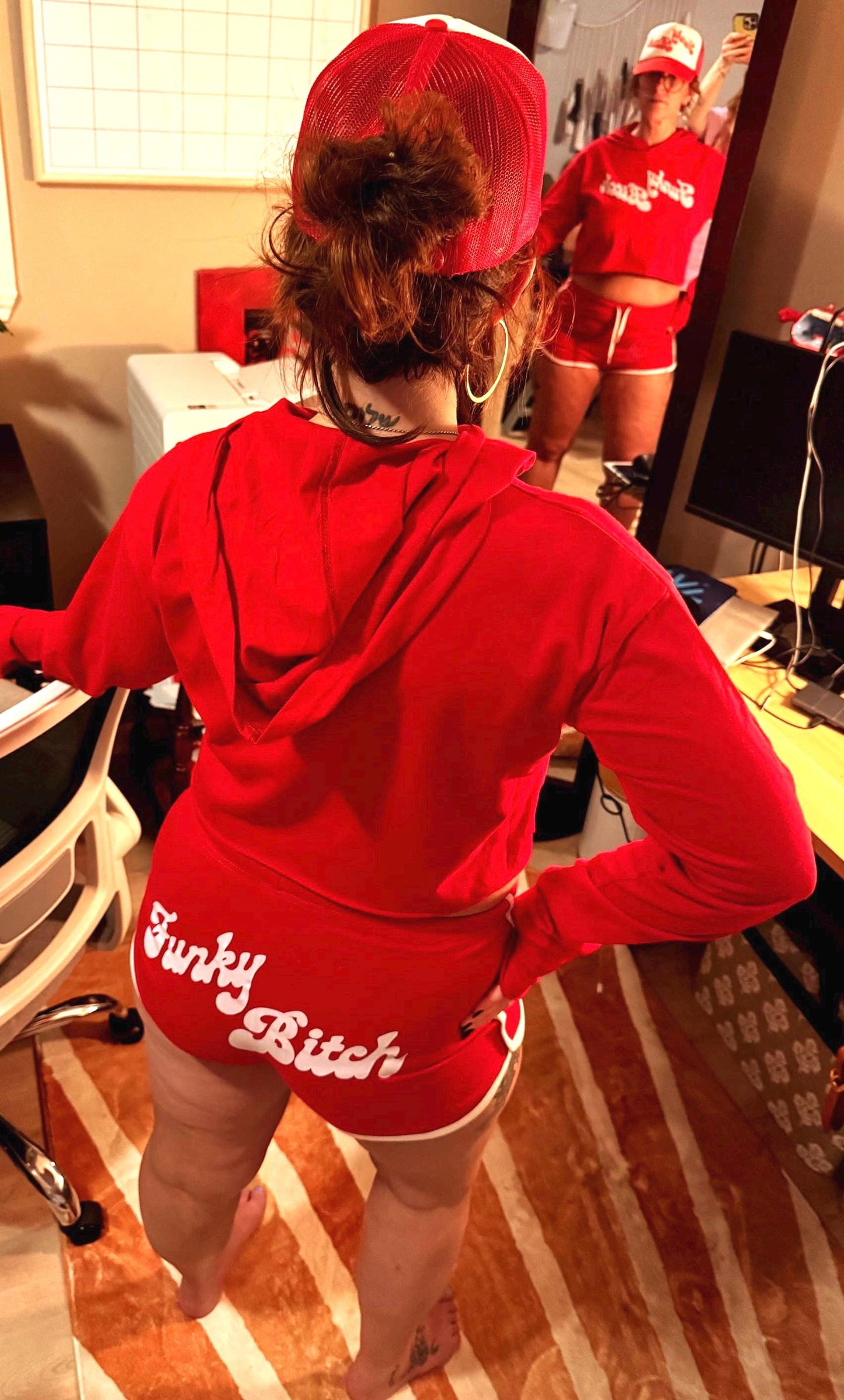 Funky Bitch Crop Hoodie & Shorts Set – Retro Red Two-Piece Festival Fit with Bold Graphic