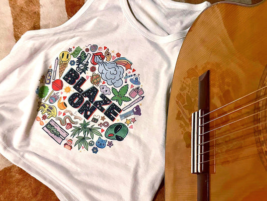 Blaze On Crop Tank – Colorful 420 Collage Graphic on Modest Fit Festival Top