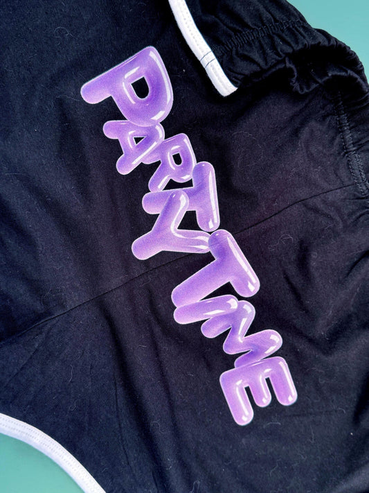 Party Time Retro Shorts – Phish Inspired Black Track Shorts with Purple Balloon Lettering
