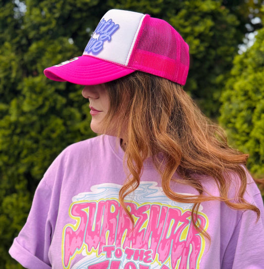 Party Time Trucker Hat – Hot Pink Foam Snapback with Purple Lettering