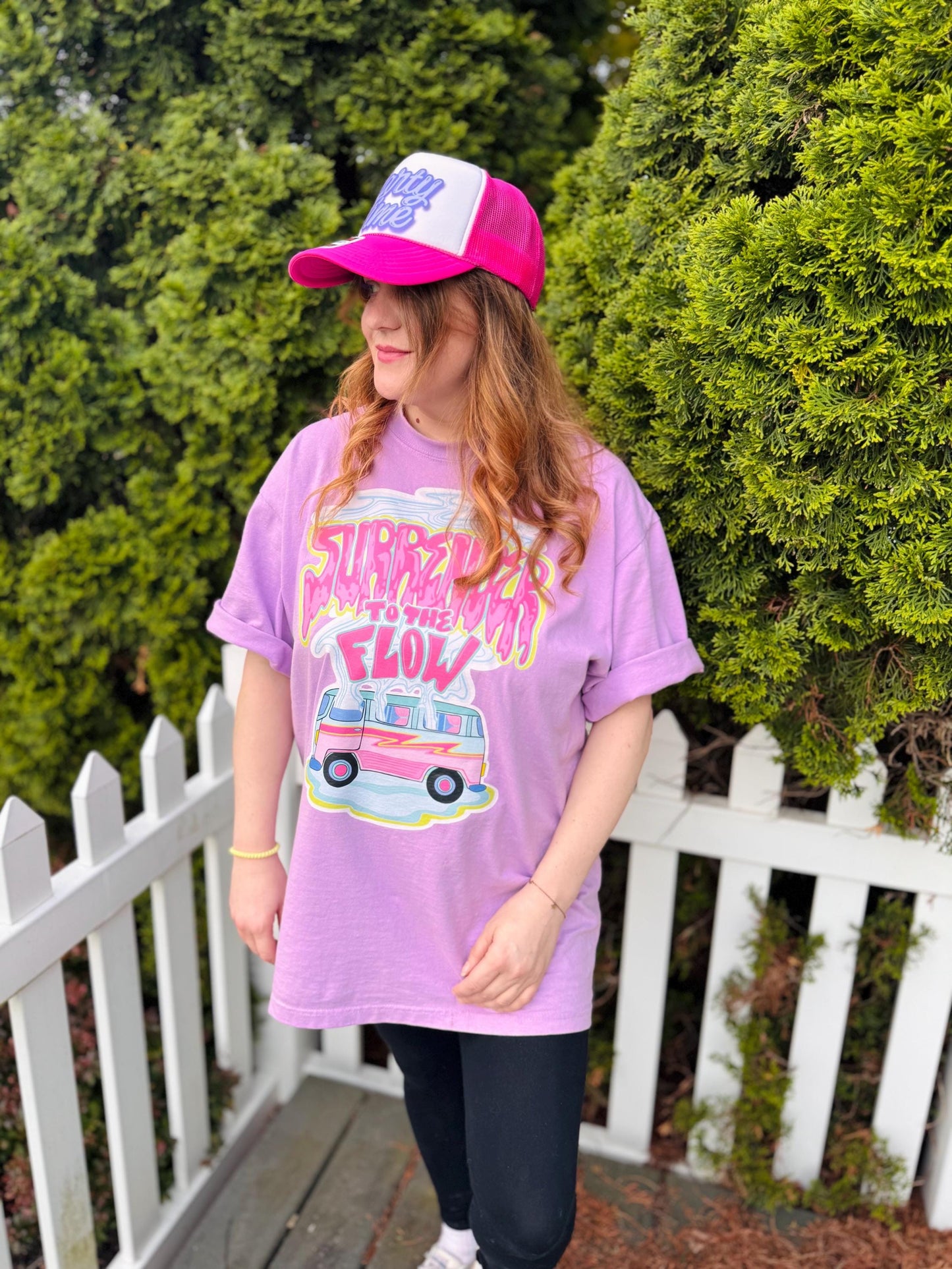 Surrender to the Flow Oversized Tee – Pastel Purple Shirt with Hand-Drawn Bus Graphic