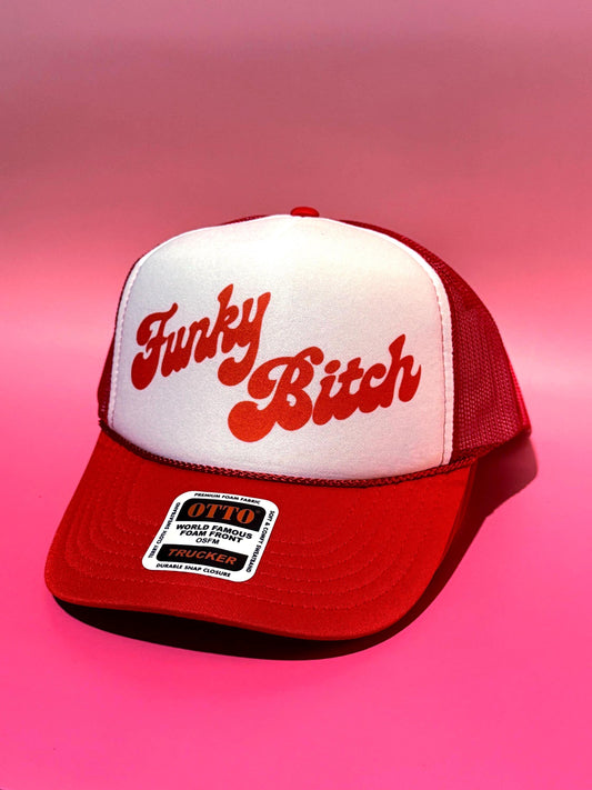 Funky Bitch Trucker Hat – Red and White Foam Cap with Hand-Drawn Lyric Graphic