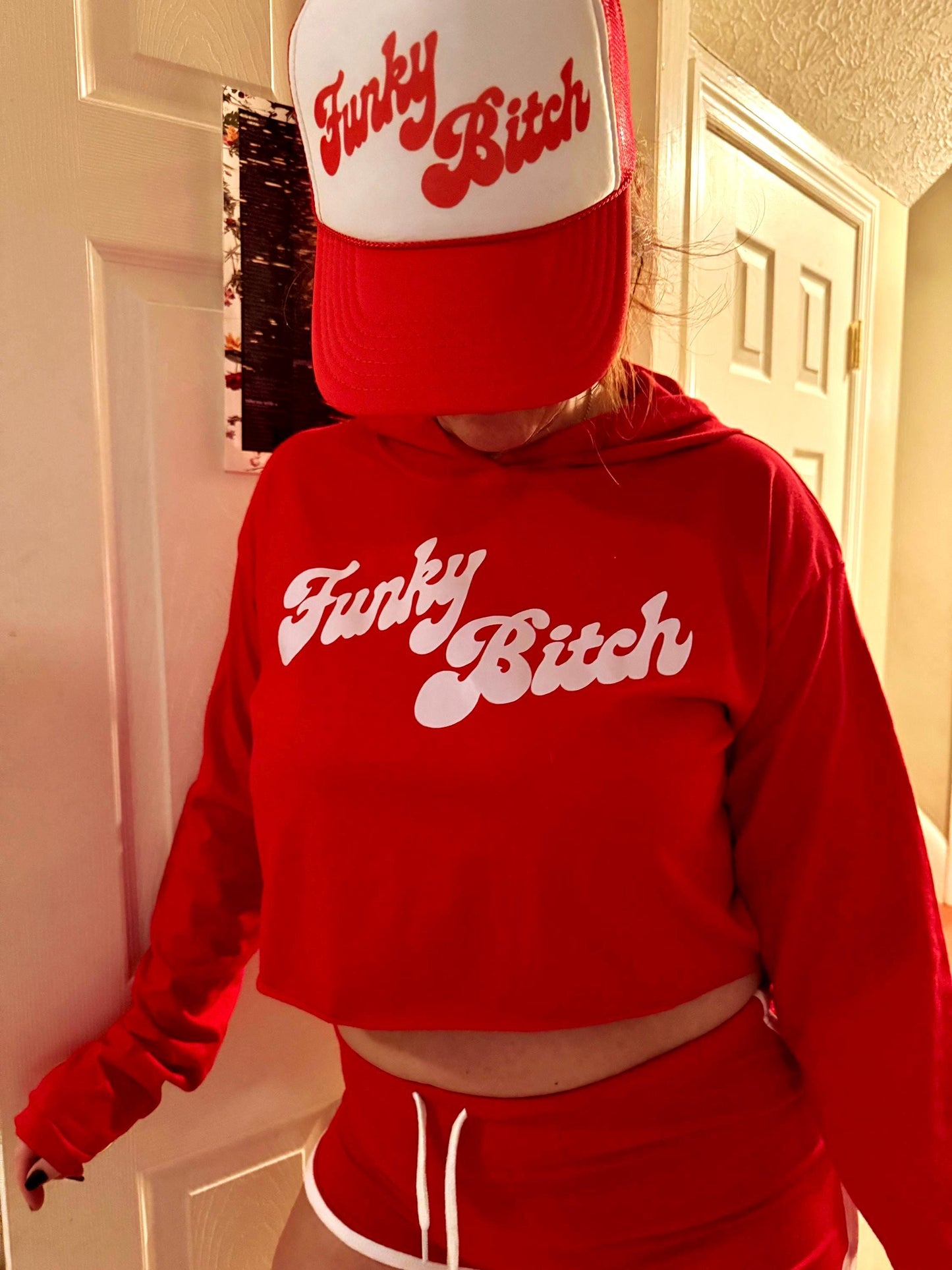 Funky Bitch Crop Hoodie & Shorts Set – Retro Red Two-Piece Festival Fit with Bold Graphic