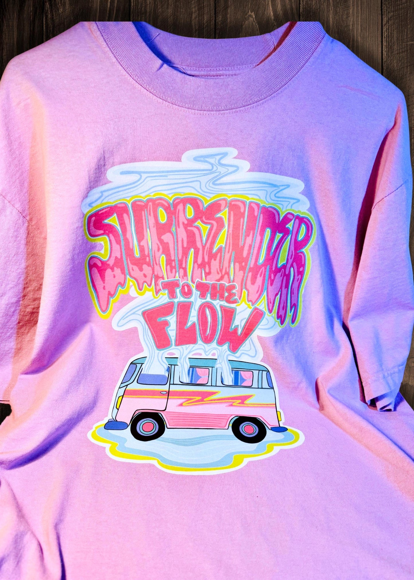 Surrender to the Flow Oversized Tee – Pastel Purple Shirt with Hand-Drawn Bus Graphic