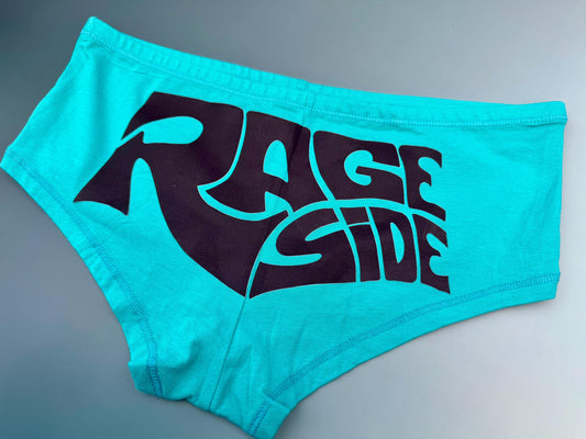 Rage Side / Page Side Panties – Aqua Boyshorts with Hand-Drawn Lyric Graphic