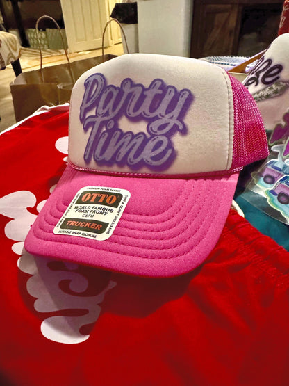 Party Time Trucker Hat – Hot Pink Foam Snapback with Purple Lettering