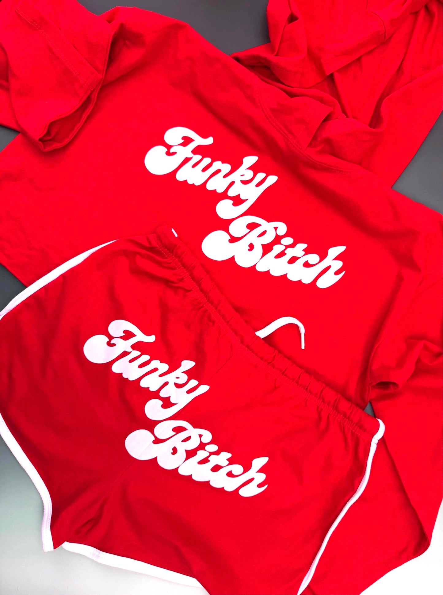Funky Bitch Crop Hoodie & Shorts Set – Retro Red Two-Piece Festival Fit with Bold Graphic