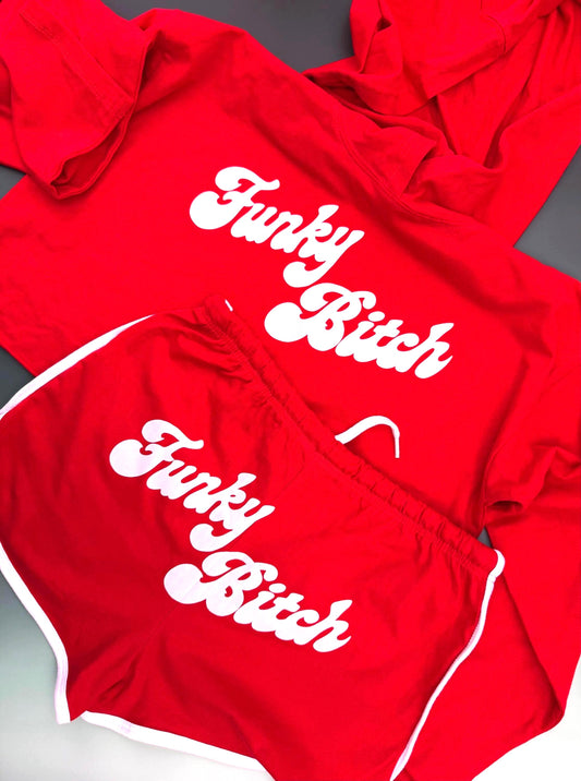 Funky Bitch Crop Hoodie & Shorts Set – Retro Red Two-Piece Festival Fit with Bold Graphic