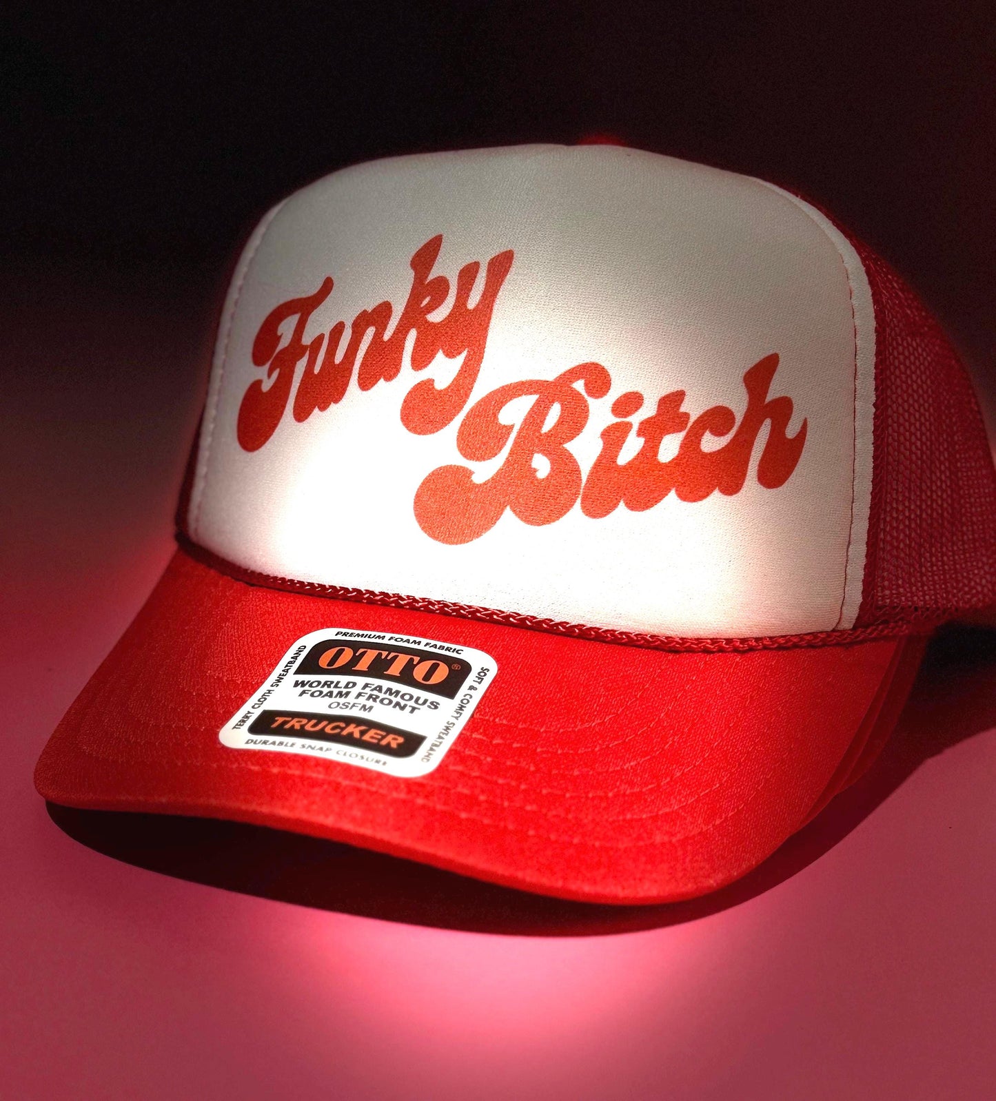 Funky Bitch Trucker Hat – Red and White Foam Cap with Hand-Drawn Lyric Graphic