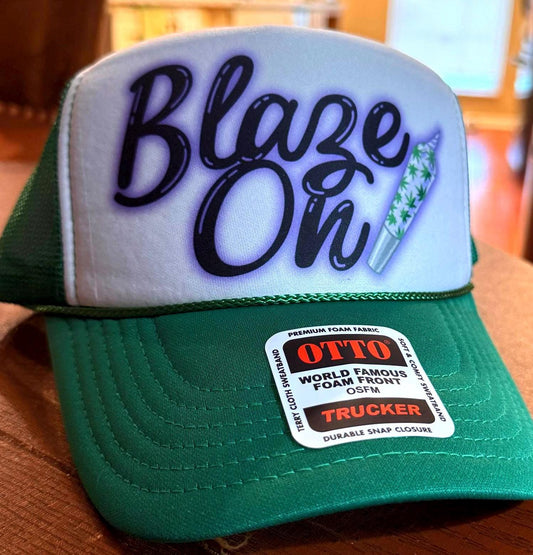 Blaze On Trucker Hat – Green and White Foam Cap with Joint Graphic