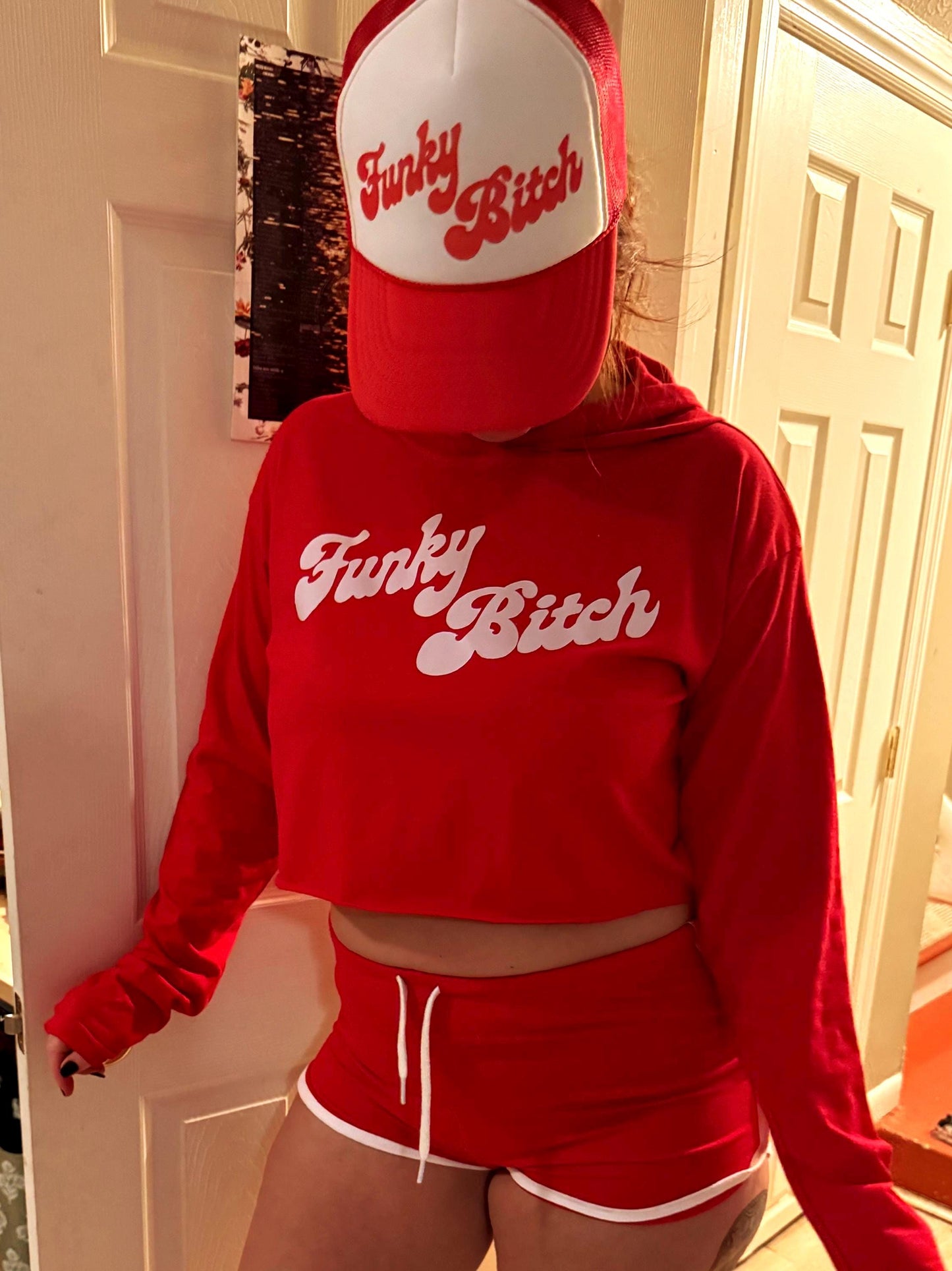 Funky Bitch Trucker Hat – Red and White Foam Cap with Hand-Drawn Lyric Graphic