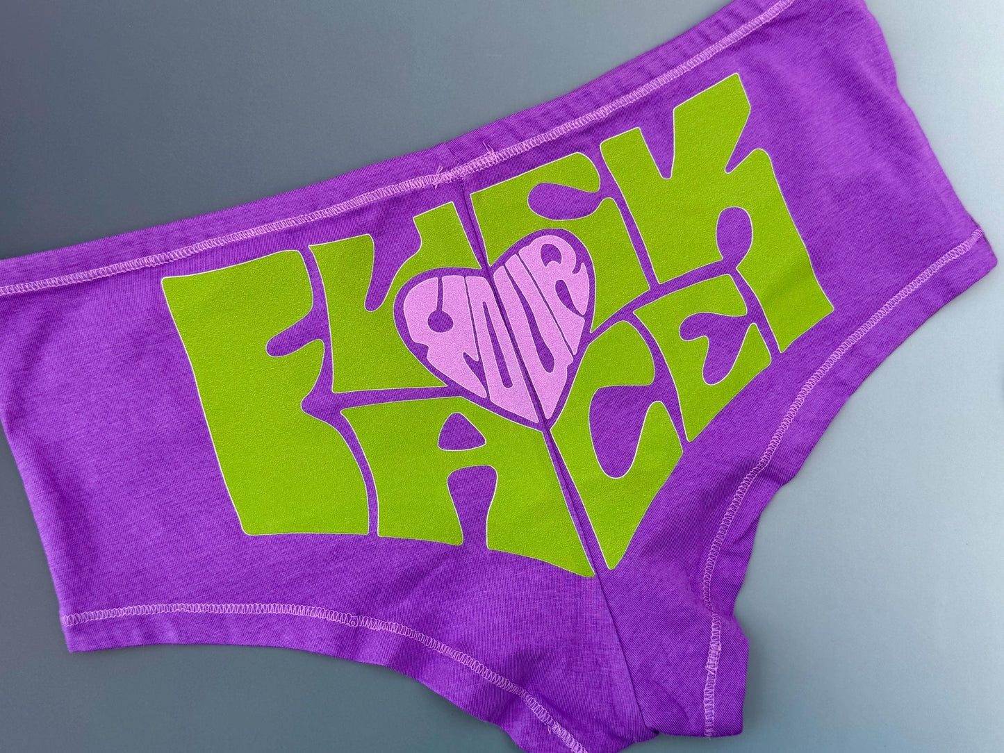 Fuck Your Face Panties – Purple Boyshorts with Neon Green Hand-Drawn Lettering