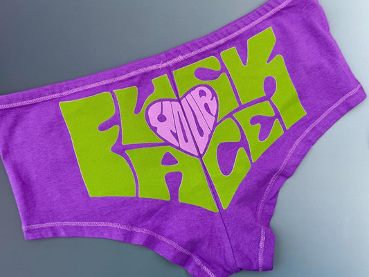Fuck Your Face Panties – Purple Boyshorts with Neon Green Hand-Drawn Lettering