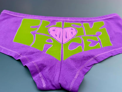 Fuck Your Face Panties – Purple Boyshorts with Neon Green Hand-Drawn Lettering