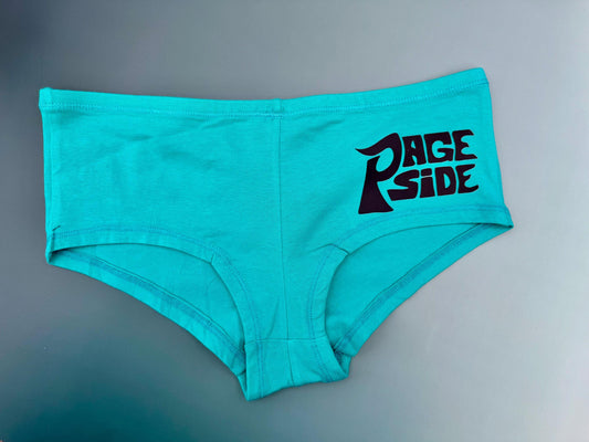 Rage Side / Page Side Panties – Aqua Boyshorts with Hand-Drawn Lyric Graphic