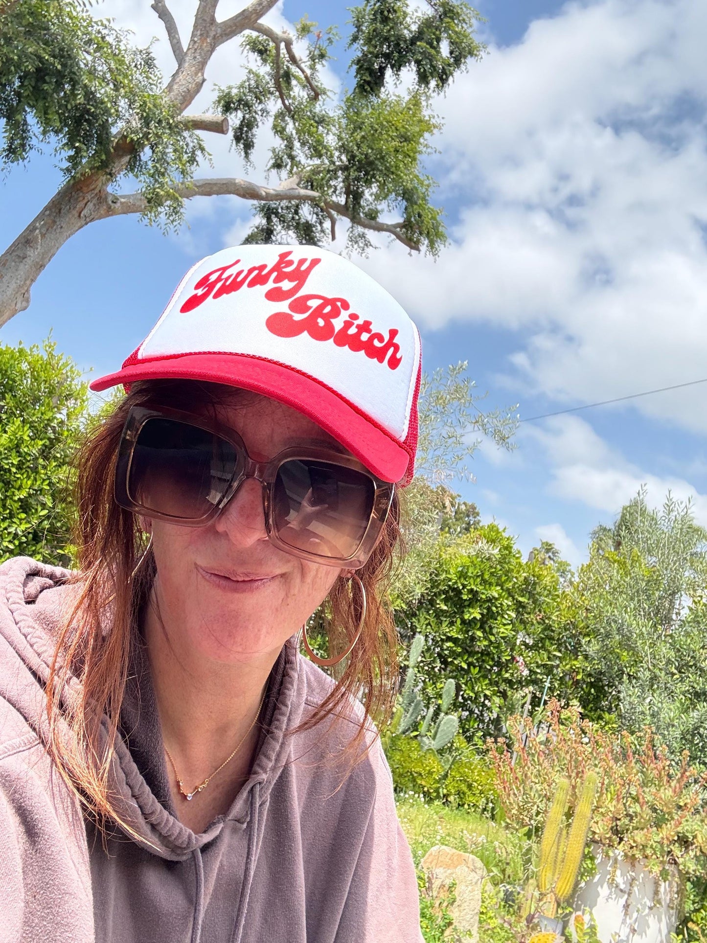 Funky Bitch Trucker Hat – Red and White Foam Cap with Hand-Drawn Lyric Graphic