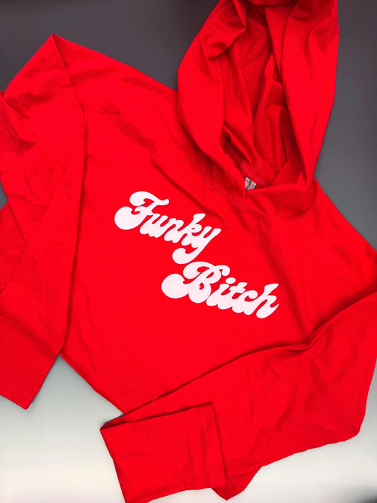 Funky Bitch Crop Hoodie – Retro Red Cropped Sweatshirt with Hand-Drawn Lettering