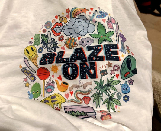 Blaze On Crop Tank – Colorful 420 Collage Graphic on Modest Fit Festival Top