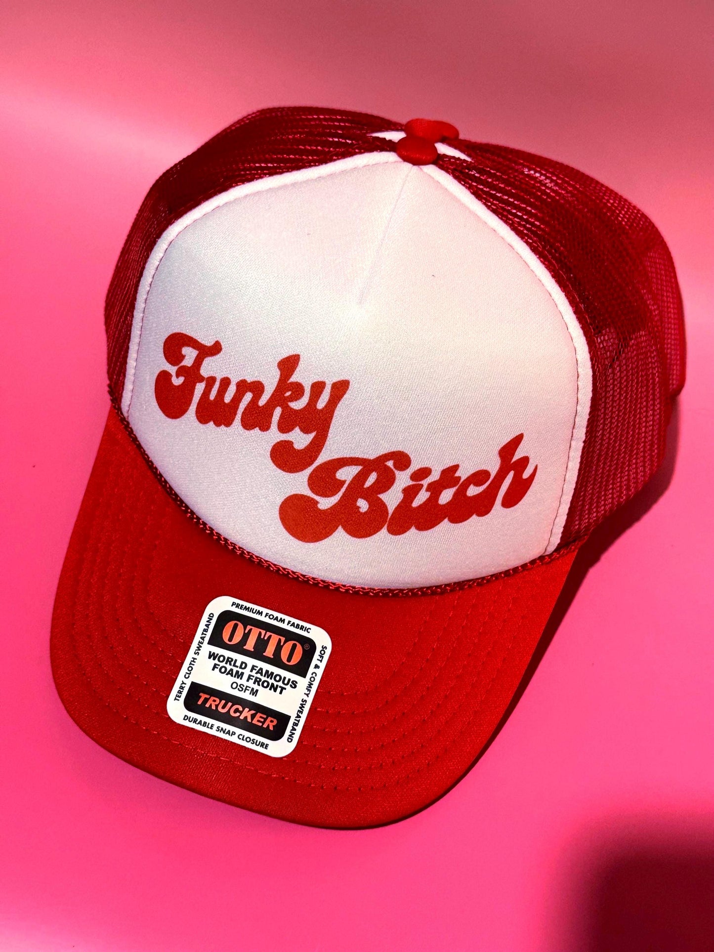 Funky Bitch Trucker Hat – Red and White Foam Cap with Hand-Drawn Lyric Graphic
