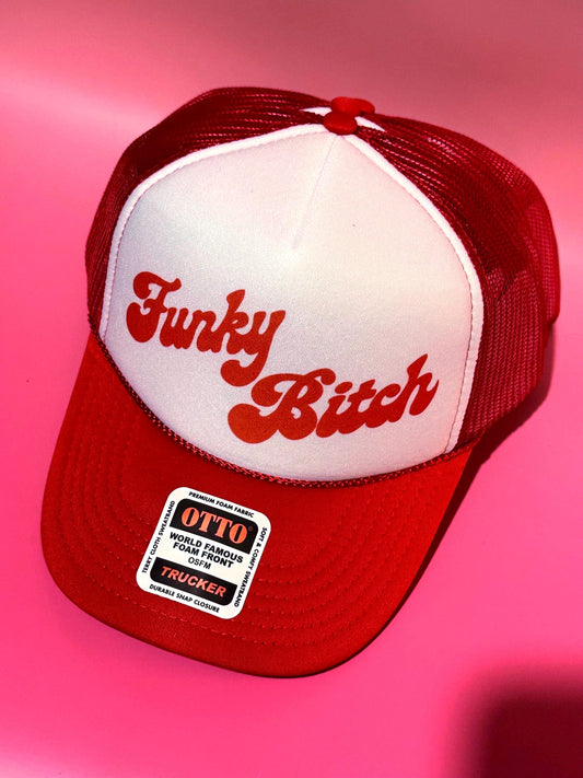 Funky Bitch Trucker Hat – Red and White Foam Cap with Hand-Drawn Lyric Graphic
