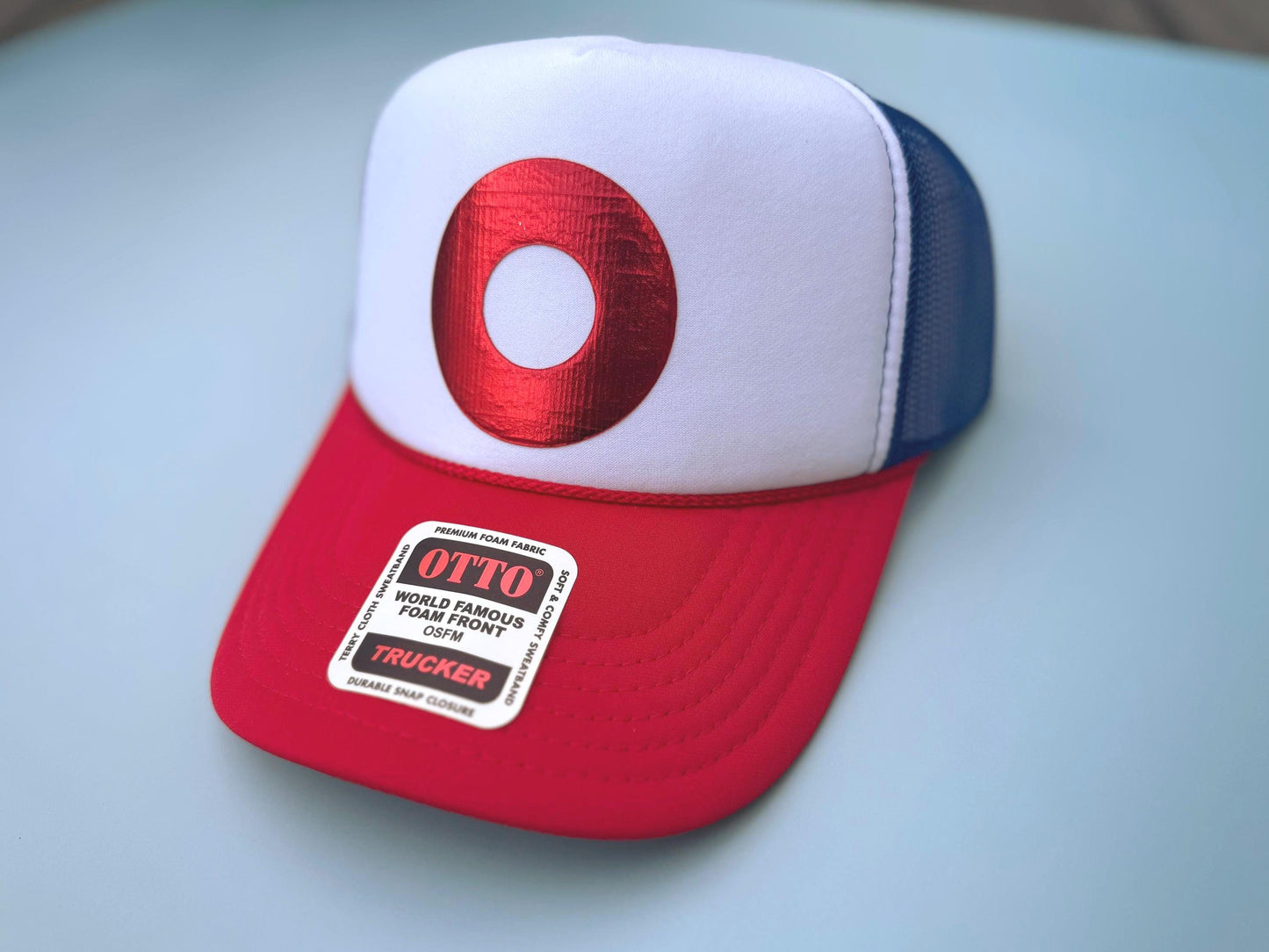 Metallic Donut Red and Blue Trucker Hat | Phish Pham Festival Accessory | Jam Band Merch, Unique Gift for Her, Bachelorette Party, Birthday Gift