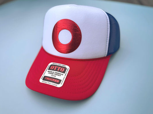 Metallic Donut Red and Blue Trucker Hat | Phish Pham Festival Accessory | Jam Band Merch, Unique Gift for Her, Bachelorette Party, Birthday Gift